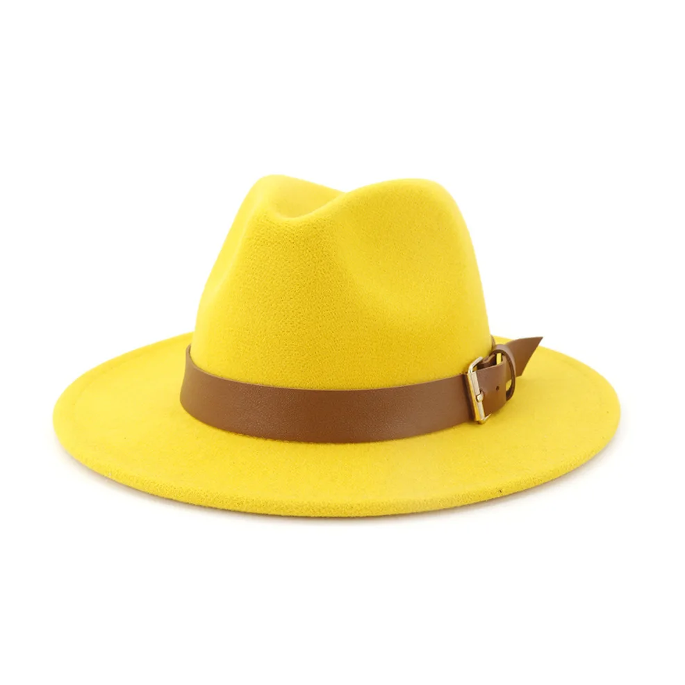 Модная шерстяная фетровая шляпа с широкими полями для мужчин и женщин, для формальной вечеринки, джазовая шляпа Федора с пряжкой на ремне, желтая, оранжевая, розовая Панама