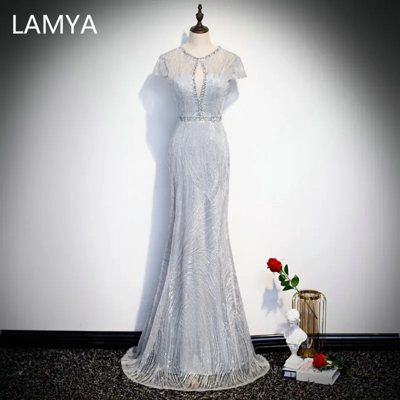 

LAMYA Luxious Mermaid Evening Party Dress Sexy Beading Formal Dresses Customized Cap Sleeve Evening Gowns Robe De Soiree Tulle