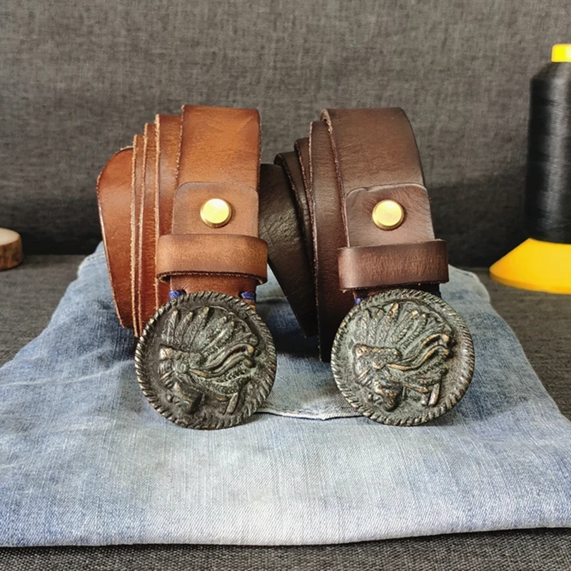 Luxury Brass Buckle Full Grain Leather Belt High Quality Vintage Engraving Western Designer Brand Belt Men's Jeans Fashion Belt