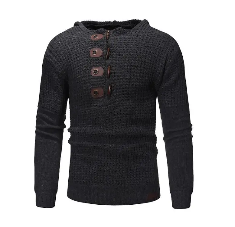 

Men's Fashion Solid Color Casual Hooded Knit Sweater Teen Trendy Slim Sweater with Horn Buttons Harajuku Clothing Men Clothes