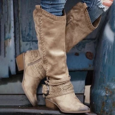 

HEFLASHOR Nude Black Suede Openwork Knee High Boots Women Pointy Toe Buckle Strap Heels Winter Long Boots Flats Knight Boots