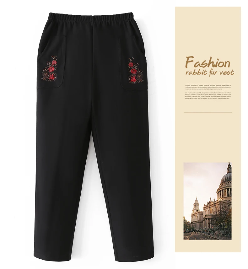 Женские зимние штаны из плотного флиса в китайском стиле; черные брюки с цветочным принтом и вышивкой; утепленные брюки для мамы