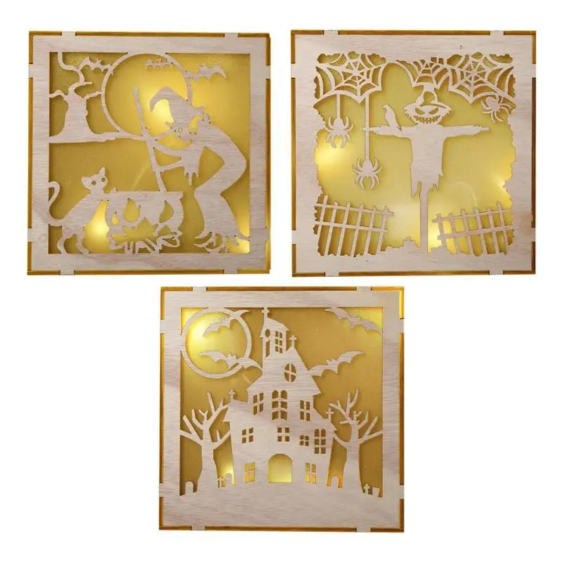 

Wooden Halloween Square Pendant LED Light Festival Home Decoration Craft
