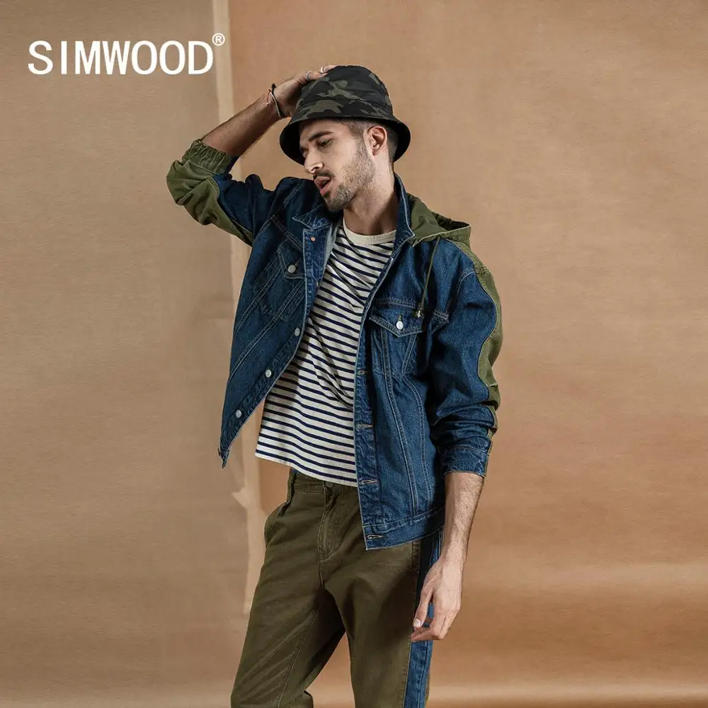 

SIMWOOD 2020 spring Winter New Denim Jacket Men Hat Detachable spliced contrast color jackets 100% cotton hip hop streetwear 388
