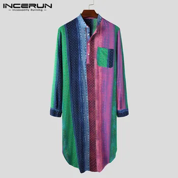 

Men Robes Colorful Striped Polka Dot Cotton Homewear Long Sleeve Stand Collar Leisure Men Sleepwear Nightgown INCERUN S-5XL 2020
