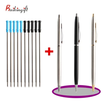 

1+10/Set 1PCS Ball Pen With 10PCS Pen Refills Rotating Metal Ballpoint Pens Stationery For Office & School Supplies Ink Blue 0.7