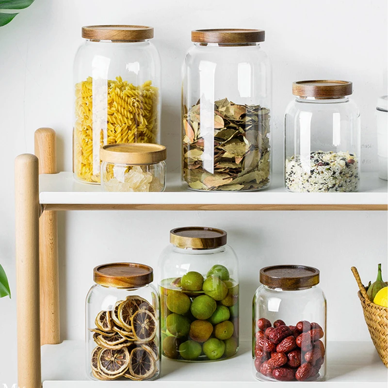 Storage Tank Food Container Bamboo Covered High Borosilicate Food Sealed Glass Tank Kitchen Miscellaneous Grain Organizer Jars 3