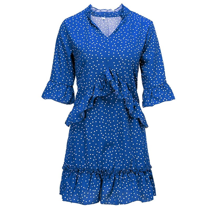 Boho оборками v-образным вырезом Vestidos женщин горошек Kawaii девушки мини-платье А-силуэта 3XL Большие летние Бабочка Половина рукава милое платье