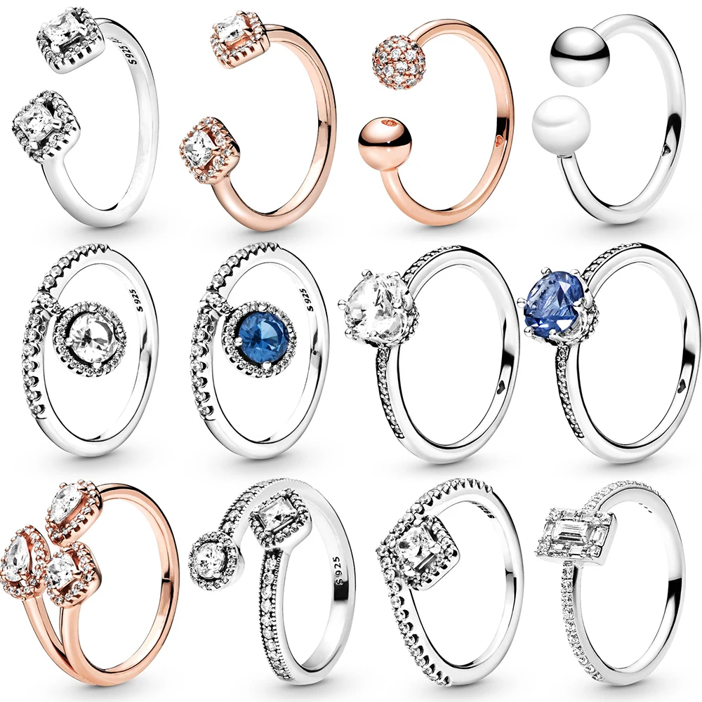 

High Quality 925 Sterling Silver Ring Square Sparkle Wishbone Ring Geometric Shapes Open Ring With Original Logo Woman Jewelry