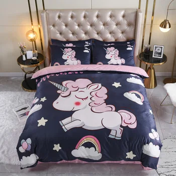 

2020 bed 4pcs Cartoon Bedding Set Duvet Cover Sheet Pillowcase King Queen twin Size Unicorn Bed Linen