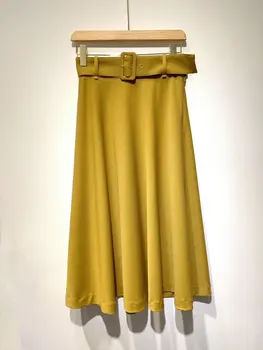 

2019 new ladies fashion sexy solid color belt high waist A-line skirt 1231