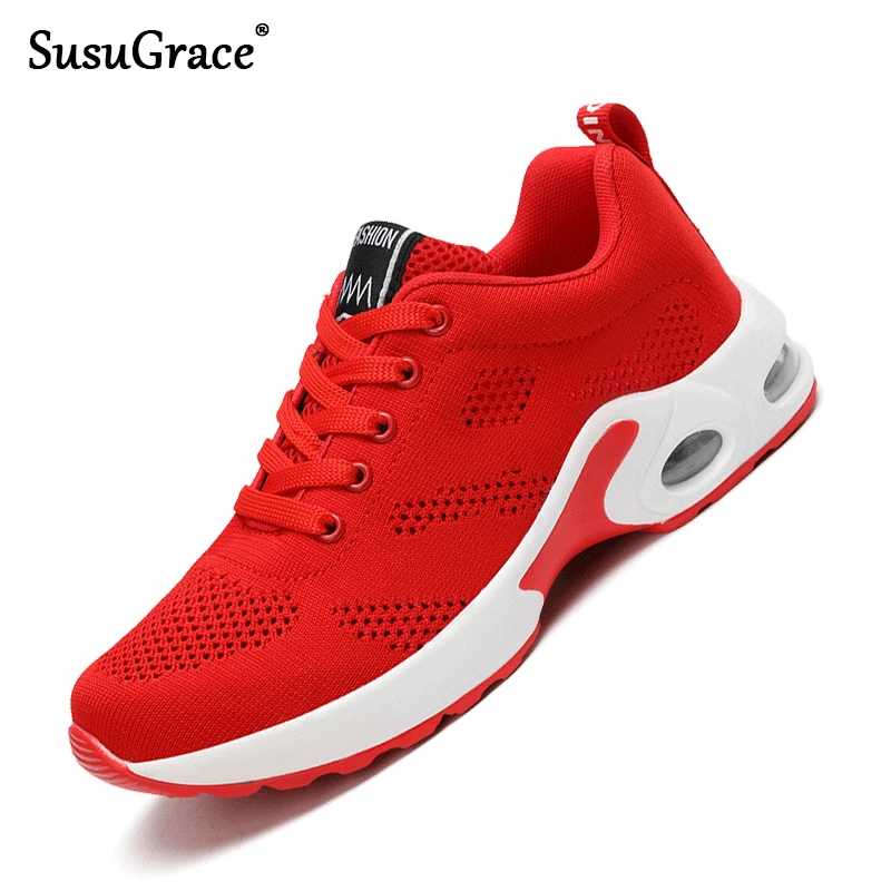 

SusuGrace Women Air Cushion Sneakers Breathable Mesh Shoes Lace-Up Outdoor Light Trainers style female Footwear Height Increase