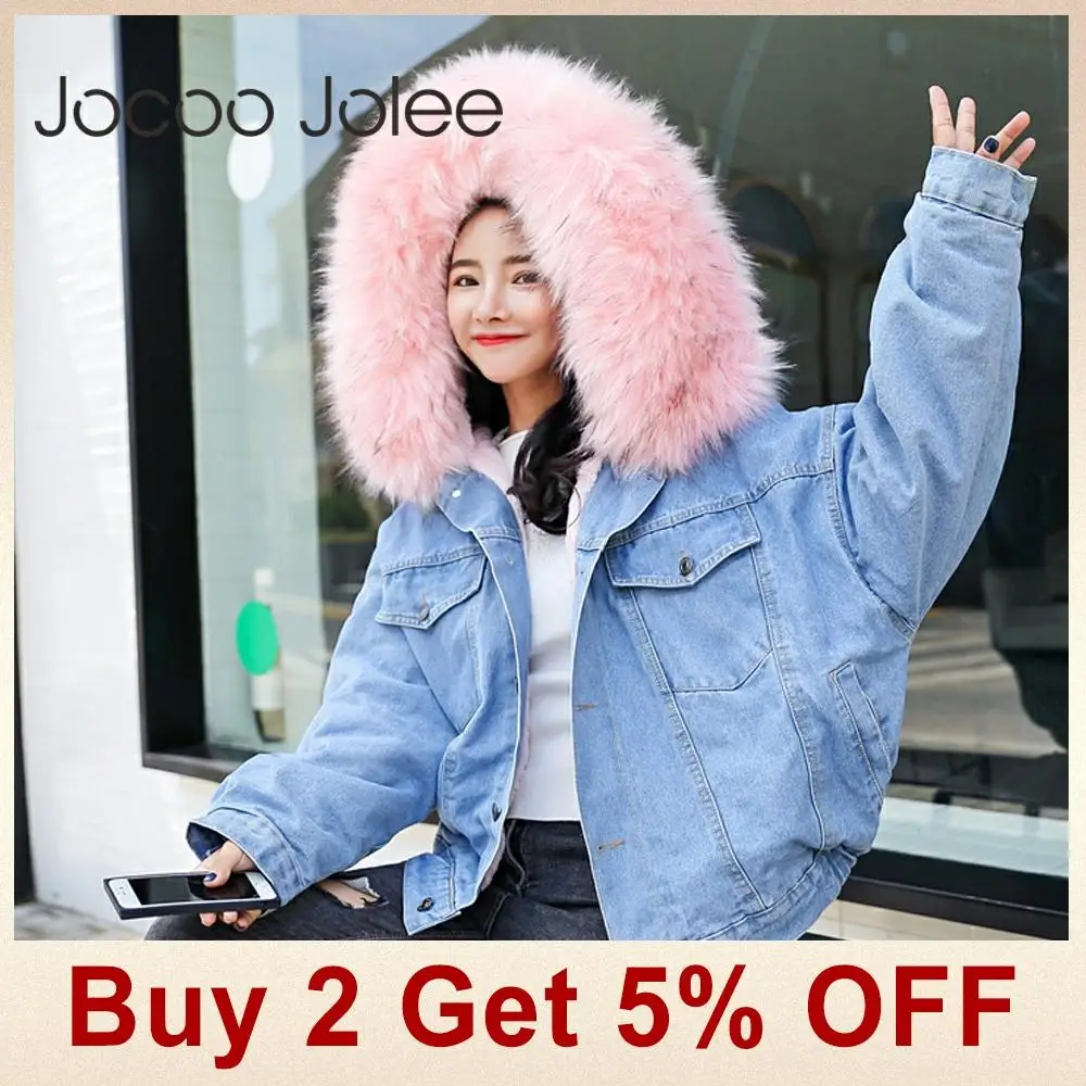 Jocoo Jolee, женские зимние плотные джинсы, флисовая куртка с капюшоном, джинсовое пальто женское, мех ягненка, мягкая теплая джинсовая куртка, верхняя одежда размера плюс