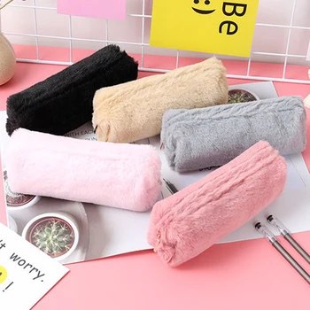 

Cute Solid Color Plush Pencil Case For Girls Pencil Bag Stationery Pencilcase Kawaii School Supplies