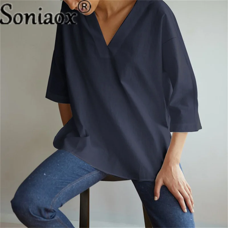 V-Neck 3/4 Sleeve Pullover Solid Color Casual Ladies T-Shirt 2021 Summer Women's Fashion Vintage Street Loose Shirt Tops Femme