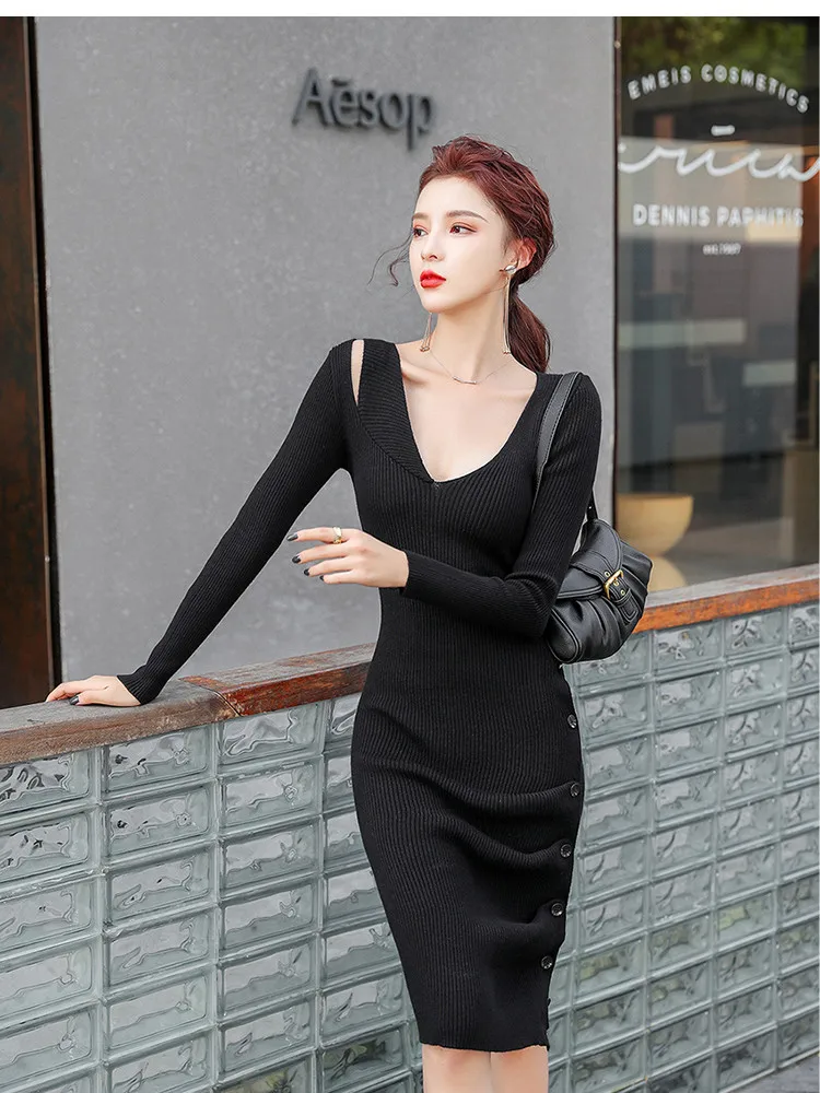 

One Piece Dress Make Firm Offers In The Fall And Winter Long Knitting V-Neck Long Sleeve Button Render Knitting Bag Hip Skirt