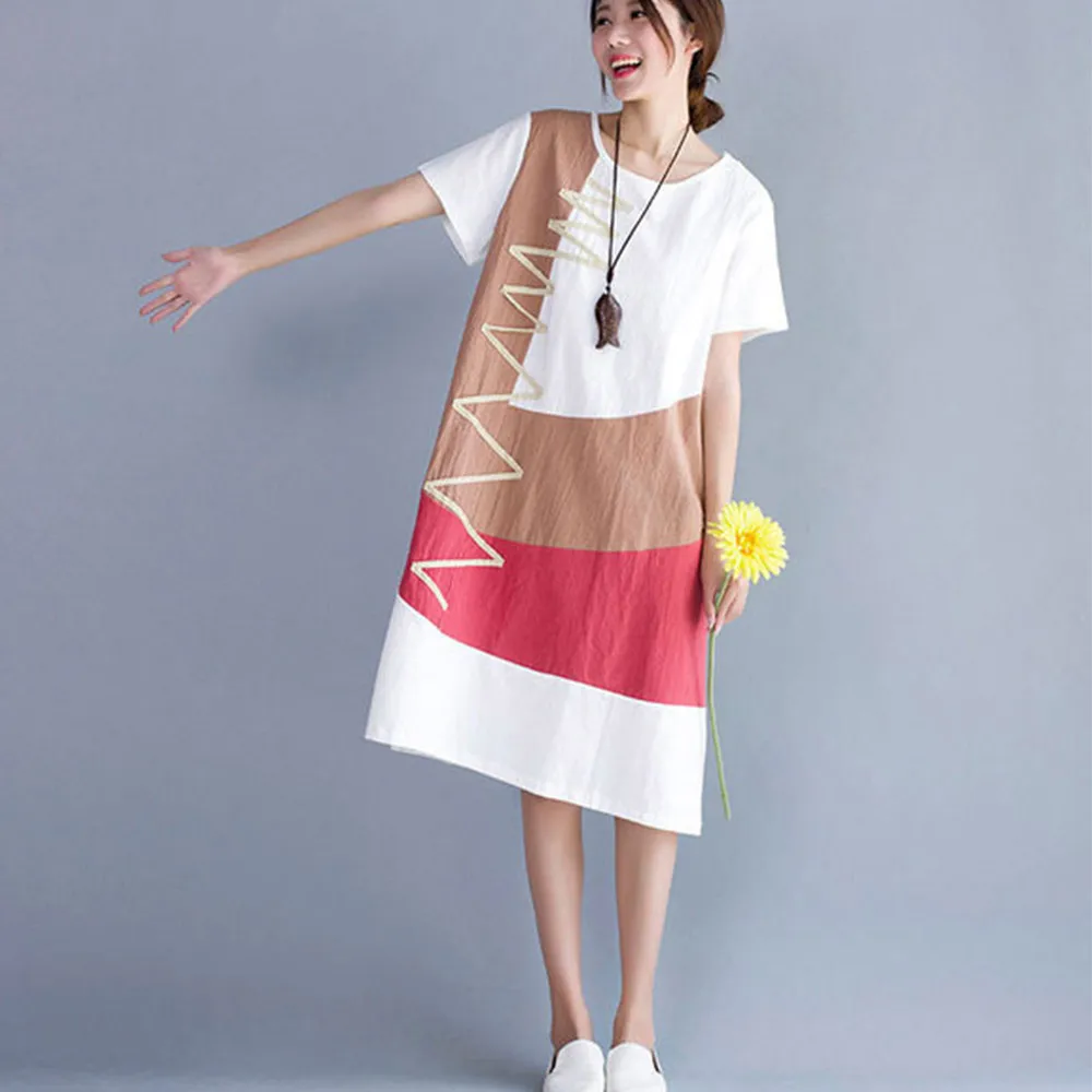 

Supermiss Women Linen Summer Dress 2020 Plus Size Elegant Long Top New Casual Cotton Ladies Patchwork Short Sleeve Dresses