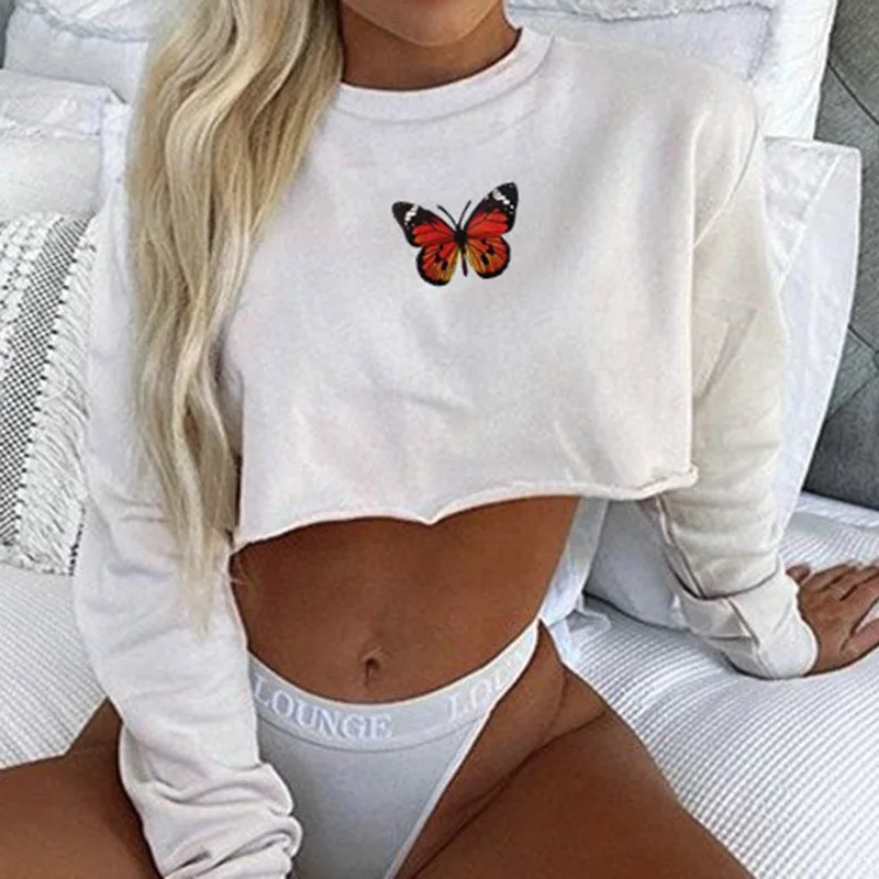 

Solid Color Women Cropped Sweatshirts Harajuku Butterfly Basic Sweatshirt 2020 Autumn Loose O-Neck Long Sleeve Crop Top