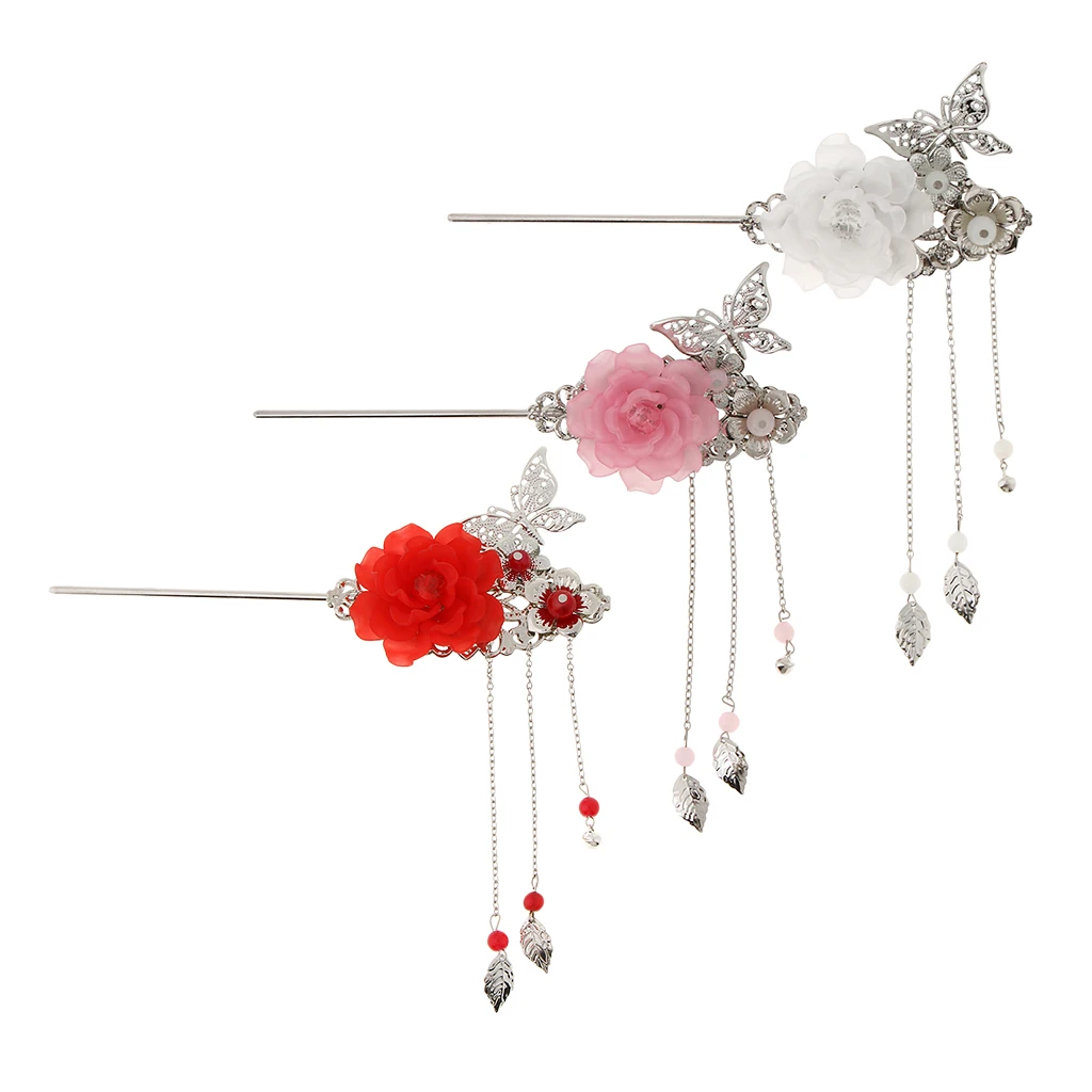 Ancient Chinese Japanese Styled Floral Hair Stick Hairpin Tassel Kanzashi Chignon Headpiece for Geisha Kimono Fancy Dress