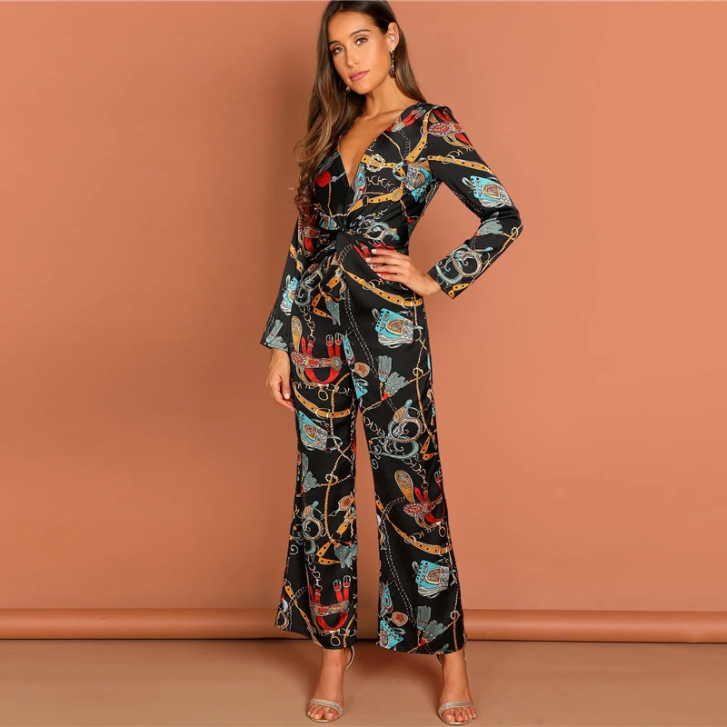 

Explosion Fashion Chain Print Waist Knot Deep V Neck Shirt Jumpsuit Women Spring Elegant Workwear Wrap Wide Leg Jumpsuits 2019