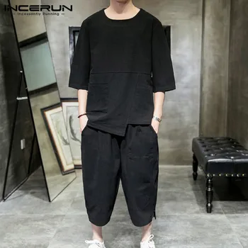 

Cotton Men Sets 2020 Solid Color O Neck Half Sleeve Tops Calf Length Pants 2 Pieces Streetwear Vintage Casual Men Sets INCERUN