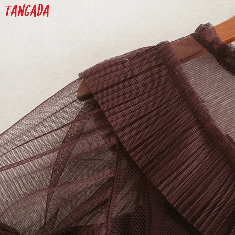 Tangada модное женское Сетчатое платье с оборками и длинным рукавом винтажное Плиссированное мини-платье Vestidos CE206