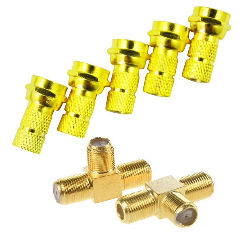 

5 Pcs F-Type Twist-On Coaxial Cable RF Connector Plug Male with 2 Pcs SODIAL(R) F Female To Two F Female Jack Triple T RF Adapte