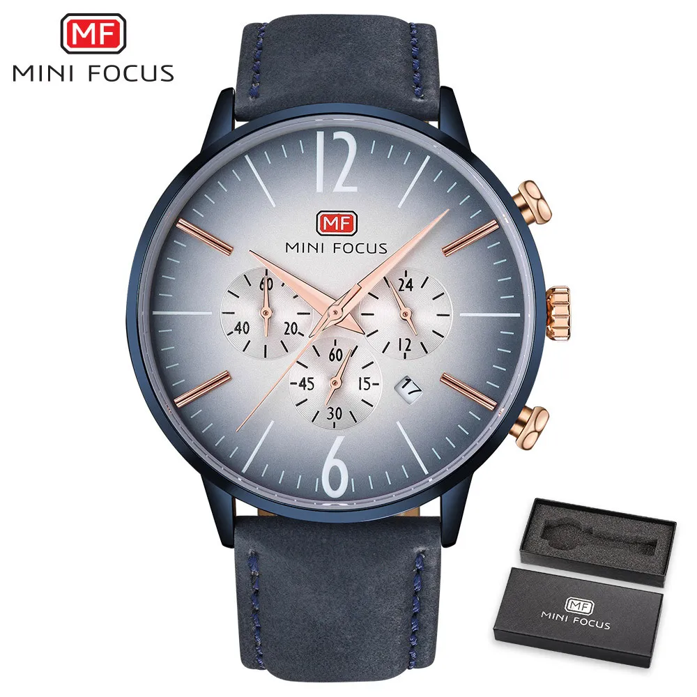 Синий MINIFOCUS, новинка, модные мужские часы, кварцевые часы, мужские часы с кожаным ремешком, мужские часы, водонепроницаемые, топ, роскошный бренд, Relogio Masculino - Цвет: Синий