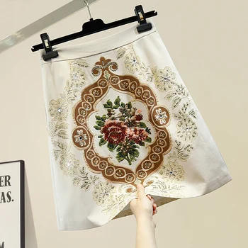 

Retro Palace Style Heavy Industry Diamond Printed A- Line Skirt Woman High-Waist Slim Package Hip Skirts Ladies Skirts Femme