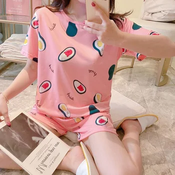 

Cute Orange Fruit Print Summer Pajamas Set For Women 2020 Girls Loose Casual Sleepwear Sweat T-Shirts and Shorts Pjs Homewear