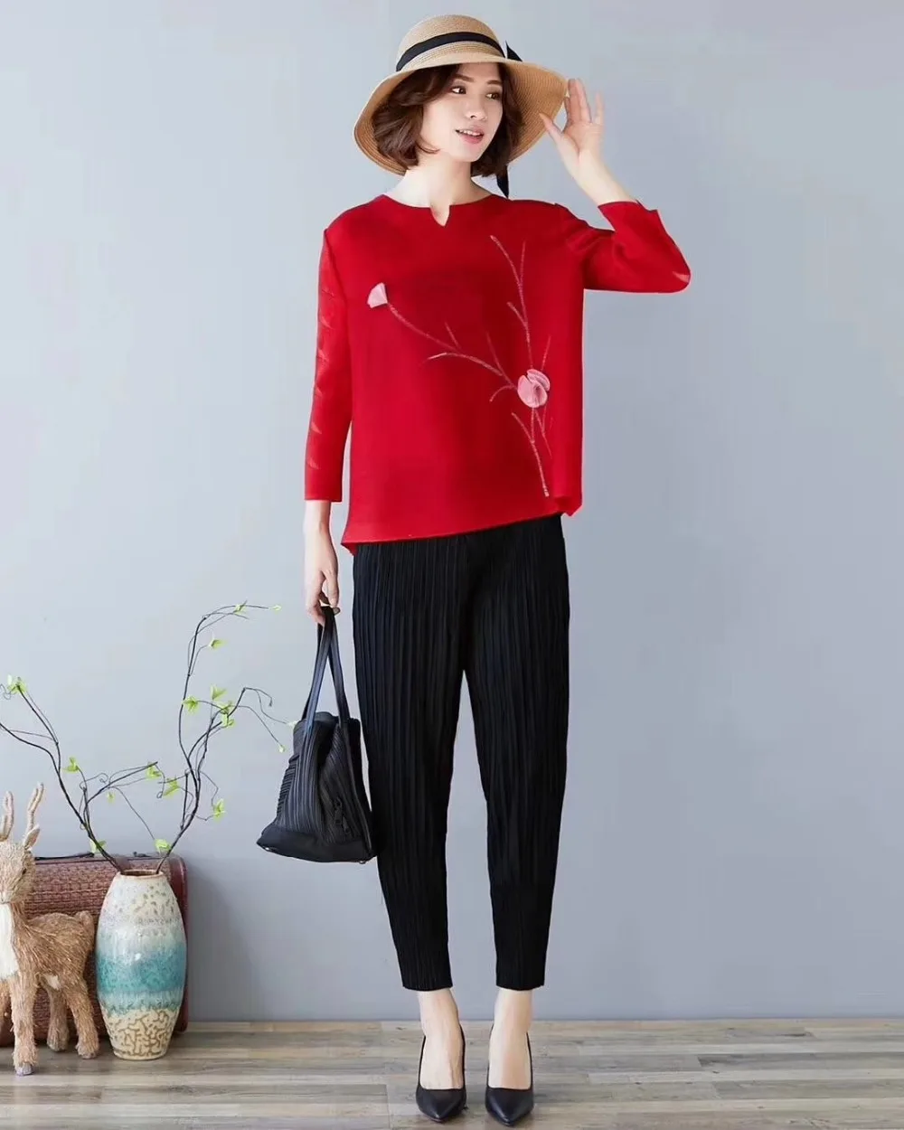 Горячая Miyake металлик глянцевый o-образным вырезом с длинным рукавом аппликация на футболку горячая распродажа