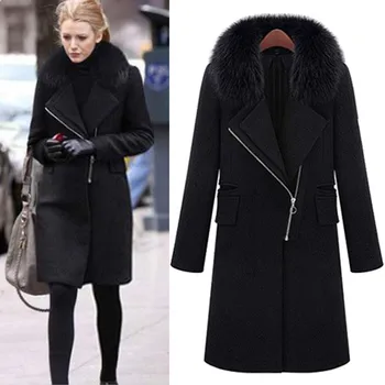 

New Autumn Winter Women Coat Fashion Turn-Down Fake Fur Collar Solid Slim Zipper Woolen Blends Coat For Women MD-Long Outerwear