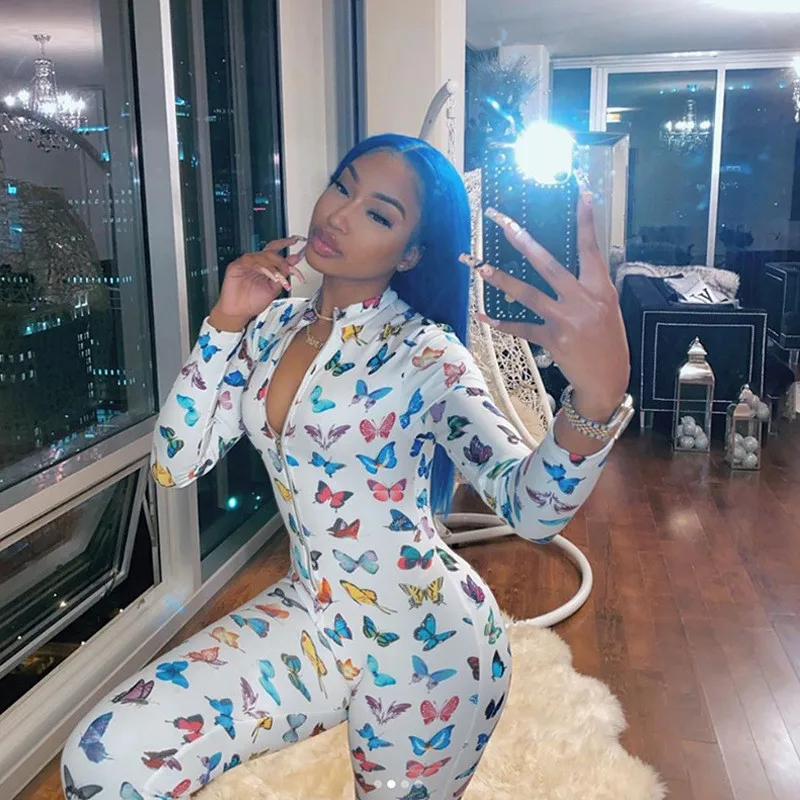 Chic Colorful Butterfly Print Sexy Long Sleeve Bodycon Jumpsuits Women 2020 Zipper Neck Club Outfits One Piece Rompers Cool Girl Chic Colorful Butterfly Print Sexy Long Sleeve Bodycon Jumpsuits Women 2020 Zipper Neck Club Outfits One Piece Rompers Cool Girl