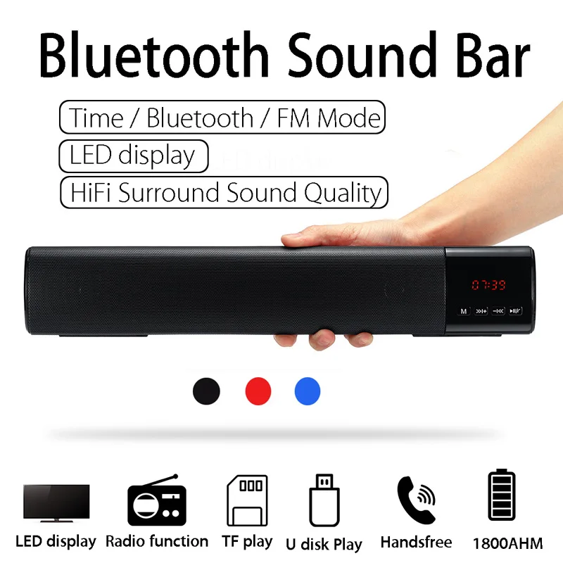홈 TV PC 블루투스 사운드바 스피커, 휴대용 무선 서브우퍼 3D 서라운드 스피커 HiFi 지원 FM 라디오 시계 TF USB