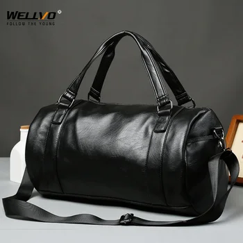 

Men Travel Duffle Bag PU Leather Men's Travel Bags Male Shoulder Handbag Round Bucket Shape Hand Bags Fashion Tote Black X35C