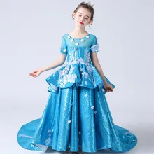 Детская одежда для девочек элегантный фон для фотосъемки с голубой цвет с аппликацией, с цветочным принтом, вечернее платье для вечеринки, дня рождения платье с длинным шлейфом платье Дети хост фортепиано костюмы платье