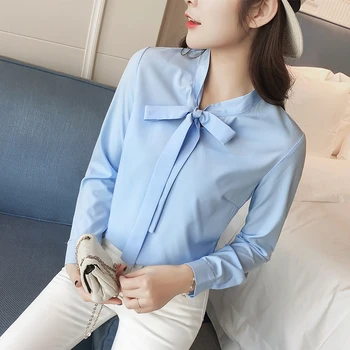 

2020 Season New Style Korean-Style College Style Solid Color Slim Fit Long Sleeve Bow Shirt Women's 7161