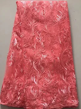 

PEACH High quality embroidery African net lace fabric beads/pearls French tulle lace material for dress 5 yards/lot SLL3301