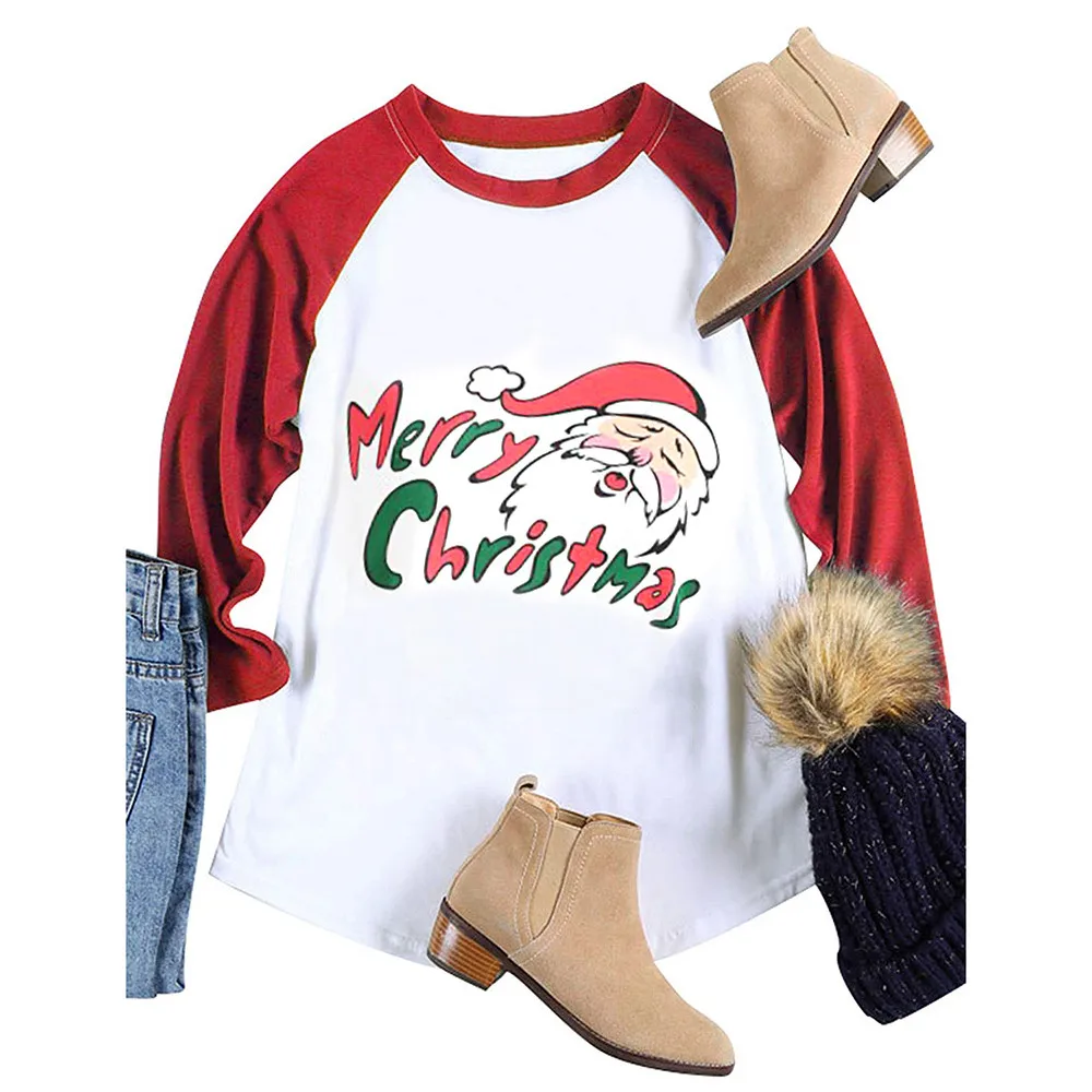 Autumn and winter Womens Long Sleeve Santa Claus cartoon Print Round Neck Blouse Loose Tops Pullovers Celebrate Christmas