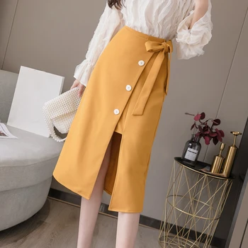 

2020 Spring Summer High Waist Skirt Korean OL Elegant Pencil Midi Skirts Chic Sashes Button Sheath Wrap Female Skirts