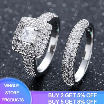 

With Certificate luxury women big finger ring original 925 solid silver wedding ring set for bride engagement band eternity gift