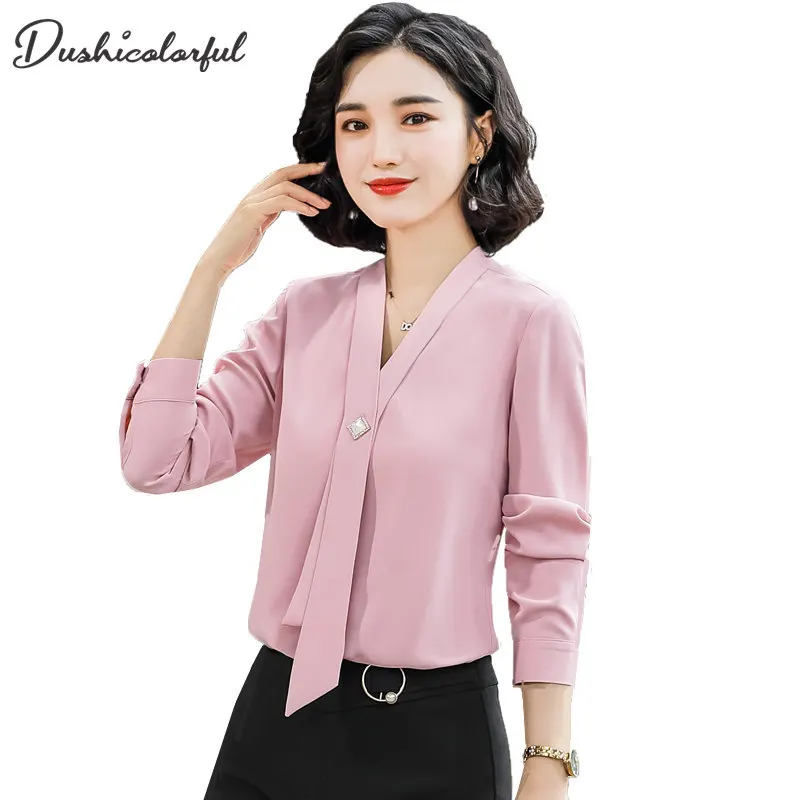 C элегантной лентой шифон профессиональный рубашка для женщин с длинными