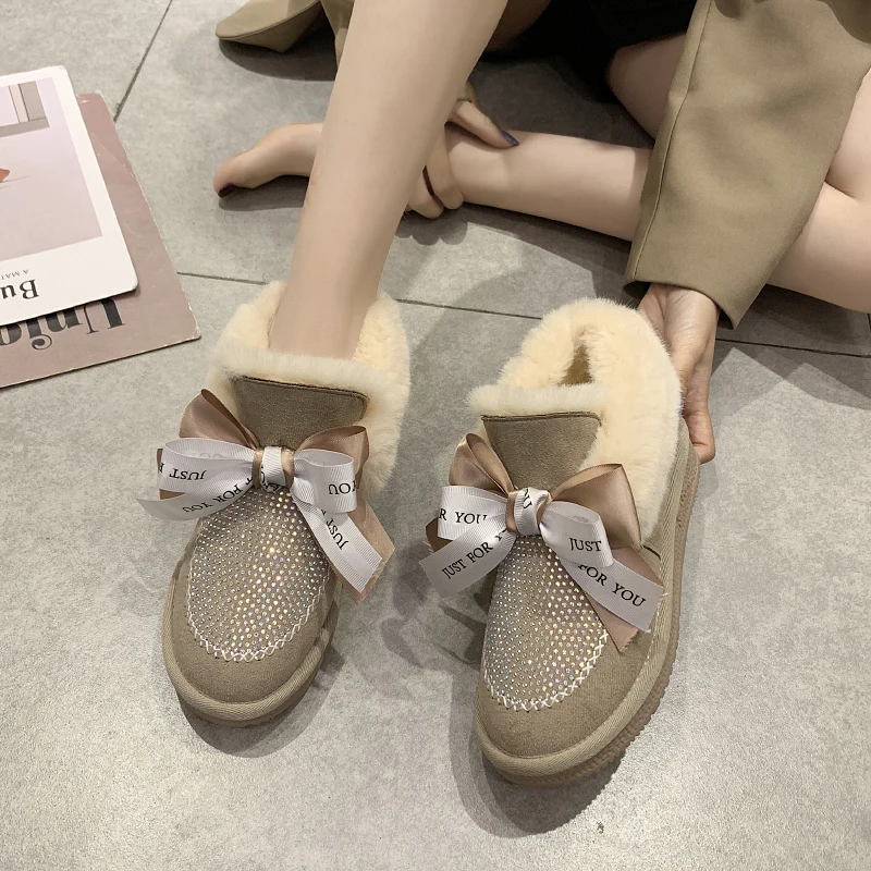 

2019 New Winter Women Boots Plus Plush Keep Warm Crystal Snow Boots Comfortable Non-slip Bow-knot Fur Winter Boots