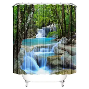 

Waterproof Shower Curtain with Hooks Bamboo Green Leaves Running water Bathroom Curtains Bath Bathing Sheer for Home Decorations