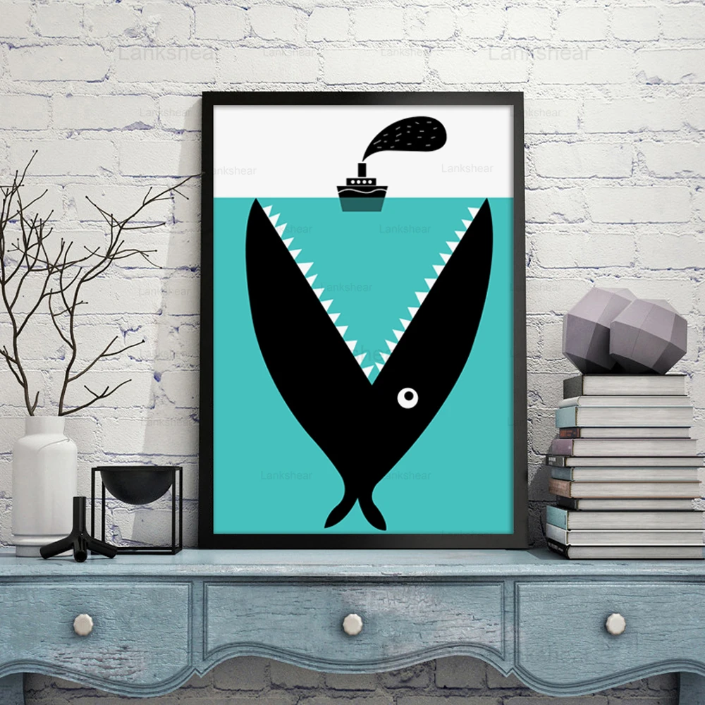 

Modern Simple Nordic Cartoon Canvas Painting Fish Boat Sea Shark Art Modular Hd Print Poster Wall Art Painting Home Decoration