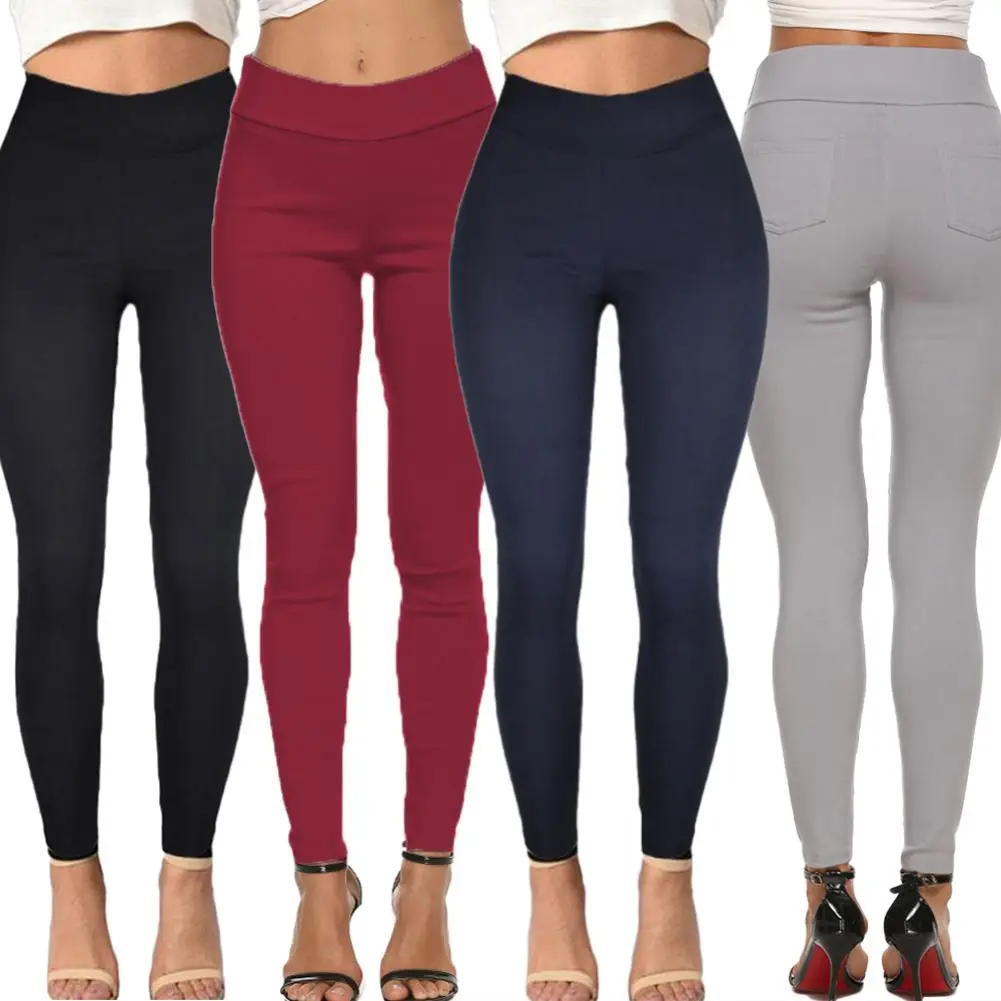2020 Casual Women Solid Color High Waist Elastic Waistband Ass soft and lightweight Pockets Skinny Pants | Женская одежда
