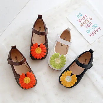 

Kids Shoes for Baby Girls Woven Leather with Daisy Sun Flower and Anti Slip Sole Leisure Mini Melissa Shoes for Children Black