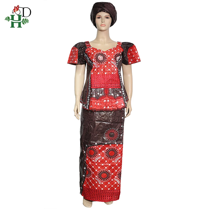 H& D африканская Дашики юбка костюм для женщин Базен Riche Вышивка Топ юбка комплект Анкара Бисероплетение одежда нигерийский женский тюрбан - Цвет: Красный