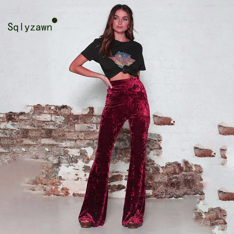 

Women Korean Velvet Long Flare Pants Autumn Winter Vintage Velour High Waist Bell Bottom Pants Streetwear Red Black Trousers