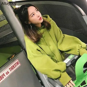 

Hoodies Women Harajuku Loose Long Hooded Solid Ulzzang Simple All-match Korean Style Leisure Daily Sweatshirts Womens Chic 2020